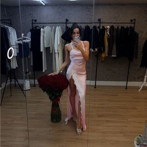 Elegant Pink Satin Dress with Lace Trim